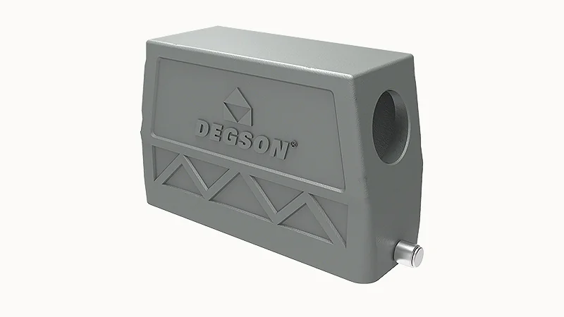 Крышка разъема D24B-SEH-2g-PG21 - Крышка разъема на кабель, типоразмер 24B, высокое исполнение, без уплотнителя, 1 отверстие с резьбой для кабельных вводов PG21, с боковым расположением, без защелки (упоры под одну защелку), материал корпуса: алюминиевый 