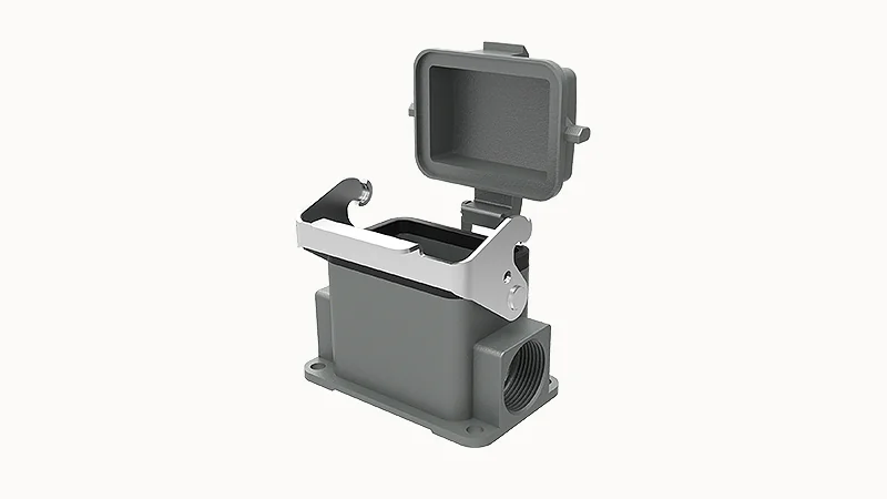 Закрытое основание разъема D6B-SF-1L-CV-M25 - Основание разъема на панель, закрытое, типоразмер 6B, с уплотнителем, 1 отверстие с резьбой для кабельных вводов M25x1,5, с одной защелкой, с защитной крышкой, материал корпуса: алюминиевый сплав