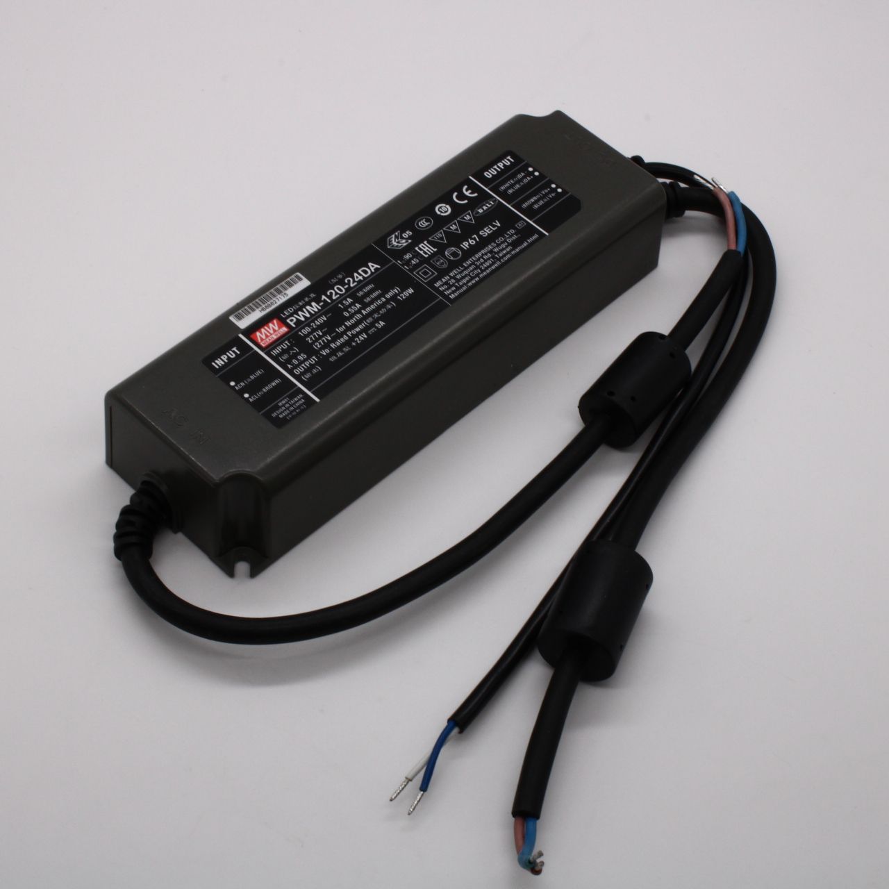 PWM-120-24DA - AC-DC, 120Вт, ККМ, IP67, вход 90…305В AC, 47…63Гц, выход 24В/5А, изоляция 3750В AC, в кожухе 191х63х37.5мм, -40…+70°С, димминг DALI, выход: стабилизированное напряжение с ШИМ