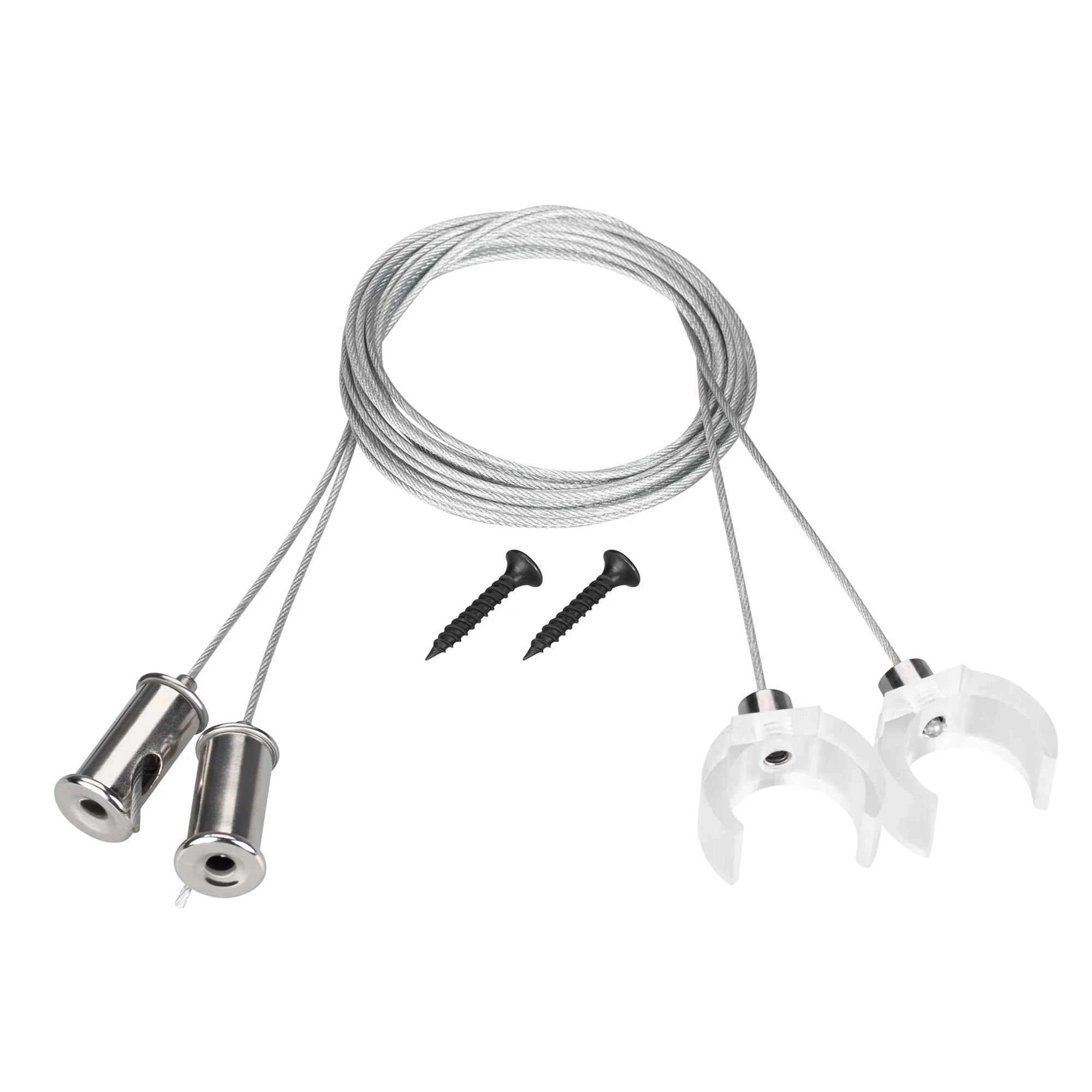 Подвес WPH-FLEX-D22 2x2m Set 047250 - 2м подвес для профилей WPH-FLEX-D22. В комплекте: стальной трос 2м - 2шт, прозрачный пластиковый держатель - 2шт. Максимальная нагрузка на 1 тросик 2 кг. Цена за 1 комплект.