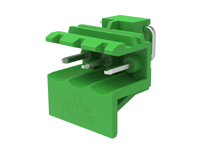 Вилочный разъем на плату MC-PAL5.0H03-0001 - Вилочный разъем, горизонтальный, на плату, шаг: 5.0 мм, 3 полюса, фиксация на плате пайкой, исполнение: стандартное, 320V, 12A, цвет: зеленый