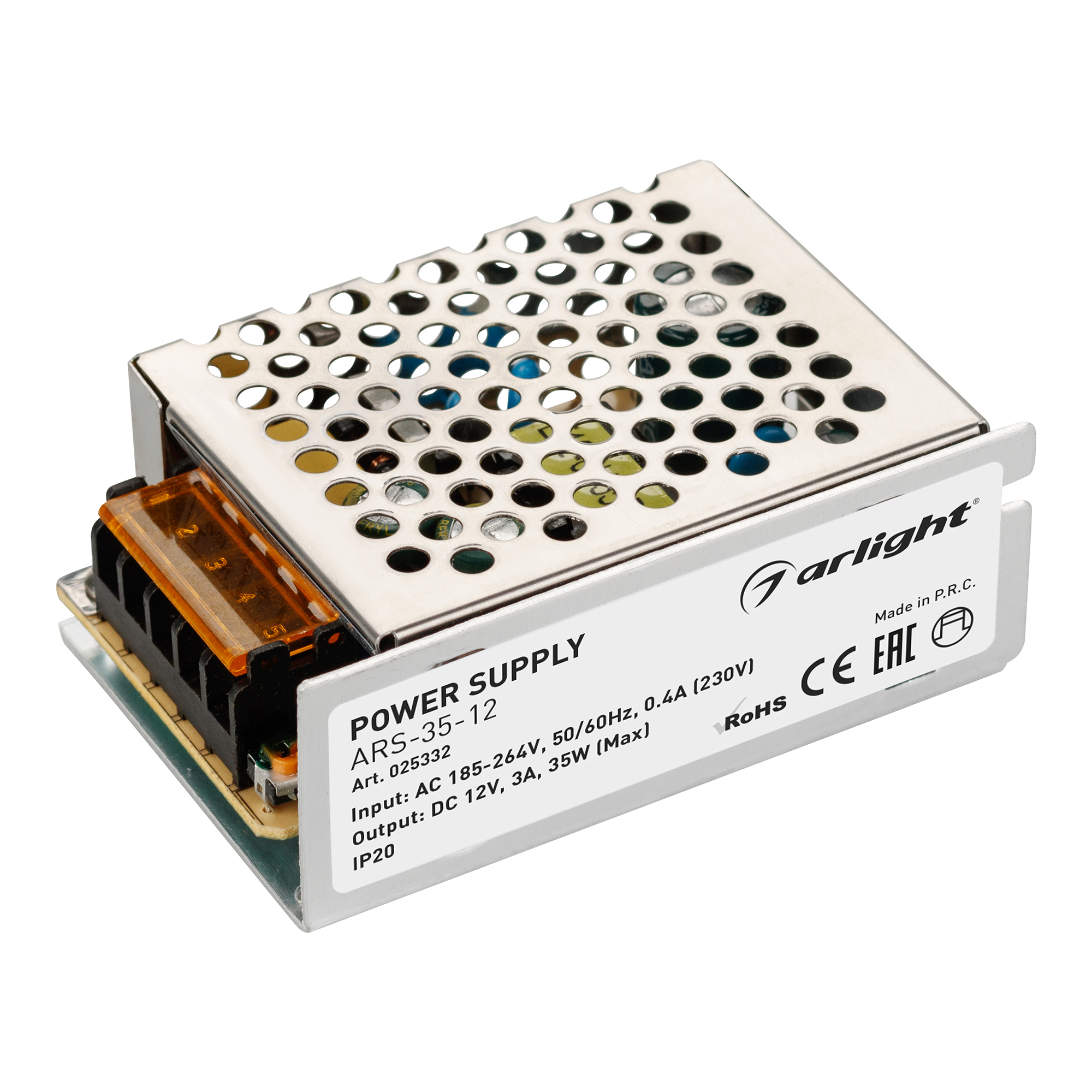 Блок питания ARS-35-12 (12V, 3A, 35W) 025332 - Источник напряжения с гальванической развязкой для светодиодных изделий. Входное напряжение 185-264 VAC. Выходные параметры: 12 В, 3 А, 35 Вт. Встроенный PFC >0,5. Негерметичный алюминиевый сетчатый корпус IP