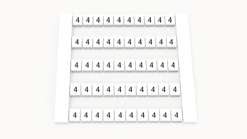 Марк. кассета DEK5-50P-19-78Z(H) - Маркировочные шильдики для клемм WS…, сечением 2,5 мм кв., боковая, 50 шильдиков, нанесенные символы: 4, по 5 полосок,с вертикальным расположением, размер шильдика: 4,8х5,5 мм, цвет белый