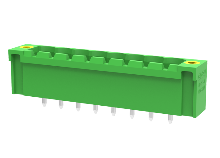 Вилочный разъем на плату MC-PA5.0V03-F-0002 - Вилочный разъем, вертикальный, на плату, шаг: 5.0 мм, 3 полюса, фиксация на плате пайкой, исполнение: с монтажными фланцами, 320V, 18A, цвет: зеленый