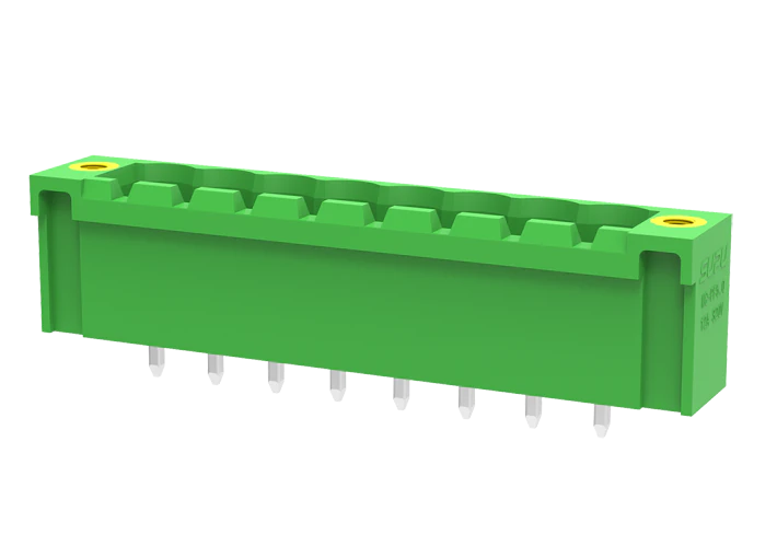Вилочный разъем на плату MC-PA5.0V14-F-0002 - Вилочный разъем, вертикальный, на плату, шаг: 5.0 мм, 14 полюсов, фиксация на плате пайкой, исполнение: с монтажными фланцами, 320V, 18A, цвет: зеленый