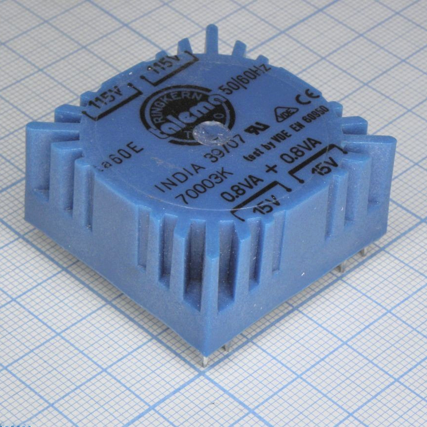 70003K - Тороидальный трансформатор 1,6ВА 2x115В 2x15В 53мА  RKPT1212, для печатного монтажа