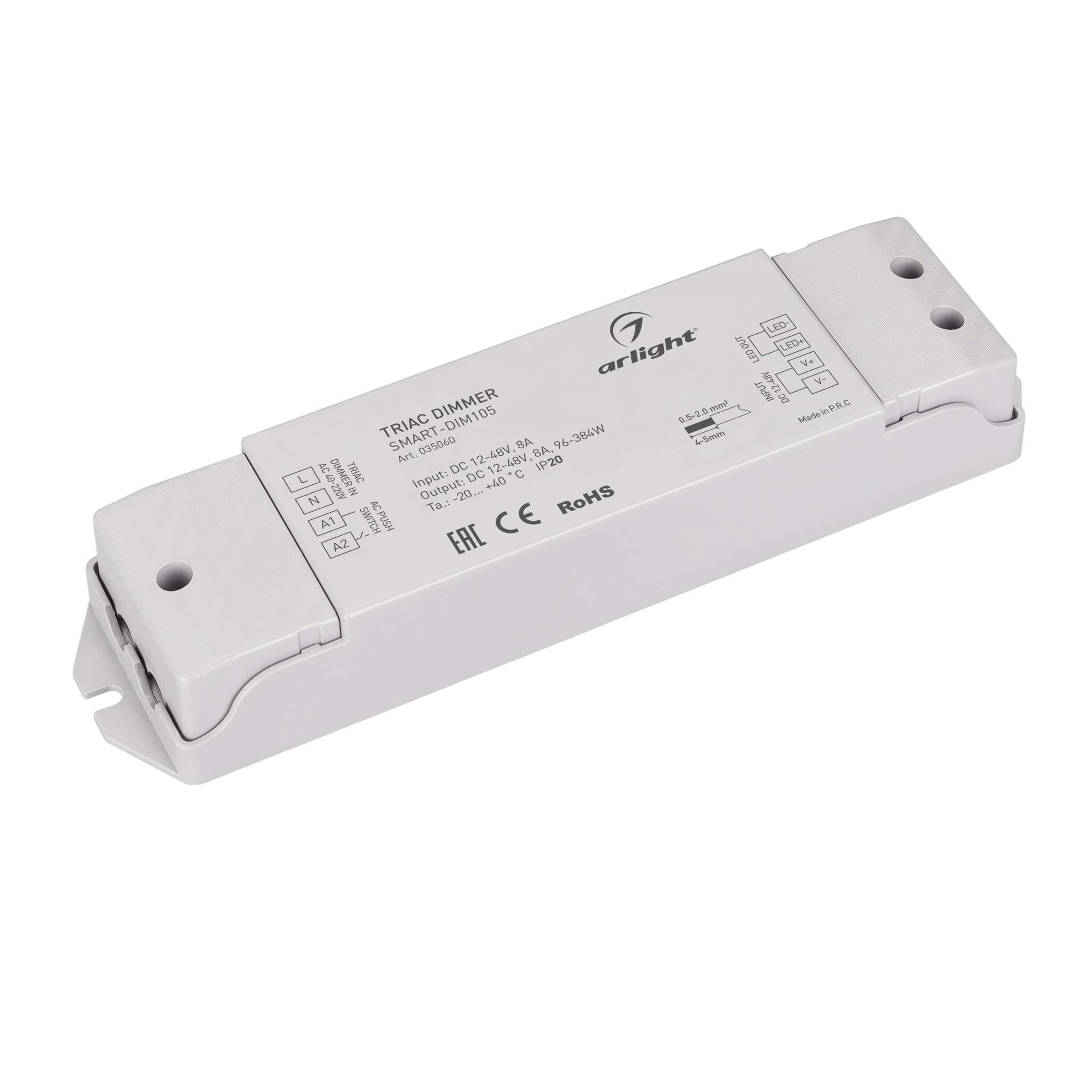 Диммер SMART-DIM105 (12-48V, 8A, TRIAC) 035060 - Диммер TRIAC для светодиодных лент. Сигнал управления TRIAC 40-220VAC, питание/рабочее напряжение 12-48VDC, максимальный ток 8A, максимальная мощность 96-384W. Винтовые клеммы. Корпус - PVC. Габариты 175x45