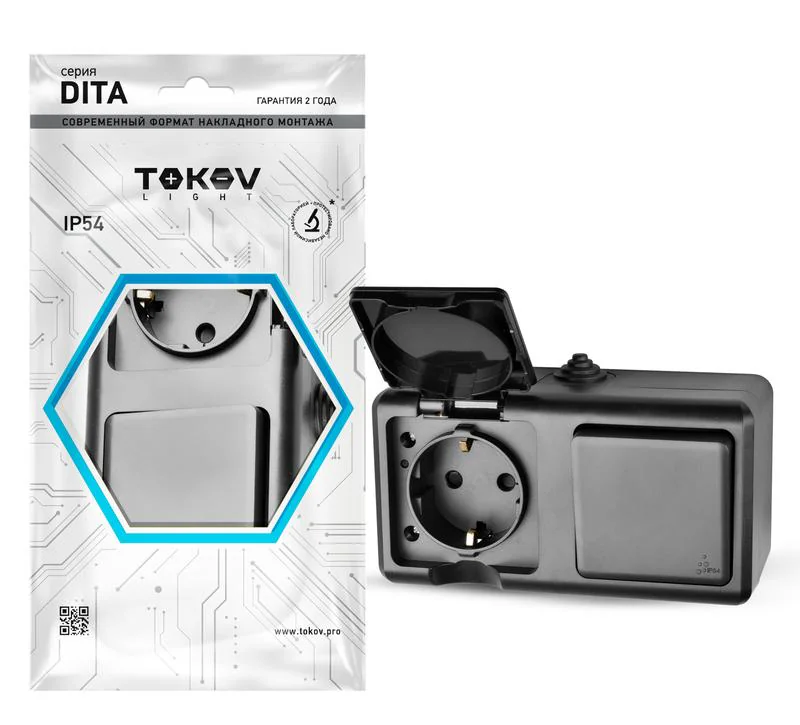 Блок ОП Dita (розетка 16А 250В с заземл. + 1-кл. выкл. 10А) IP54 карбон TKL-DT-V1RZ-C14-IP54
