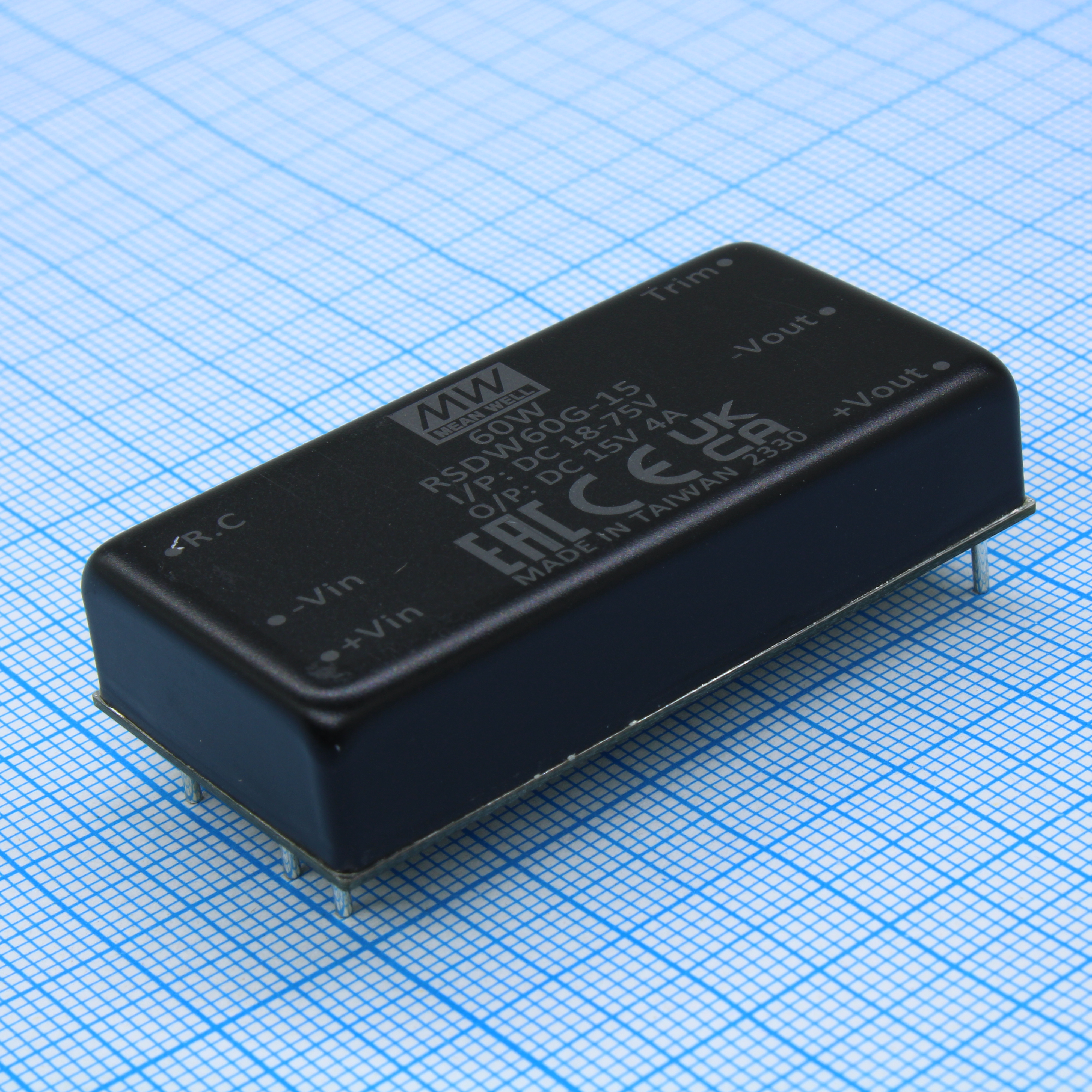 RSDW60G-15 - DC/DC, 60Вт, вход 18…75В, выход 15В/4А, изоляция 3000В DC, КПД 92%, максимальная емкостная нагрузка не более 3900мкФ, 2x1", 50.8x25.4x10.5мм, -40…85°C