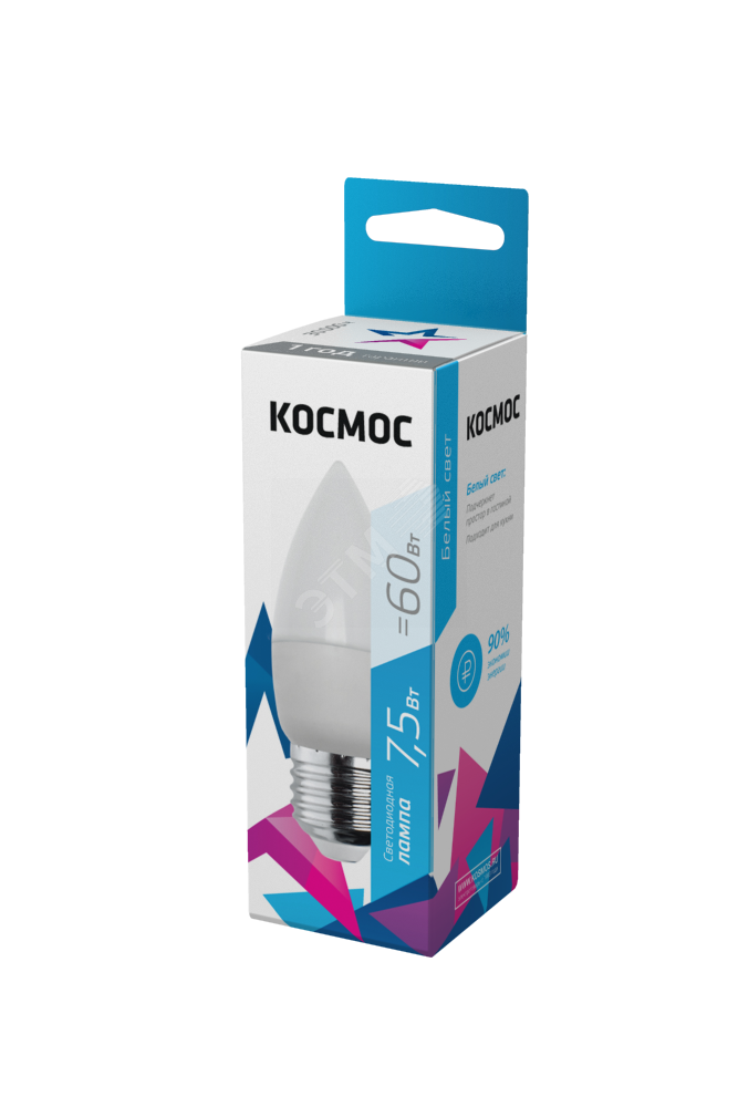 Лампа светодиодная 7.5Вт свеча 4500К бел. E27 220В КОСМОС LkecLED7.5wCNE2745