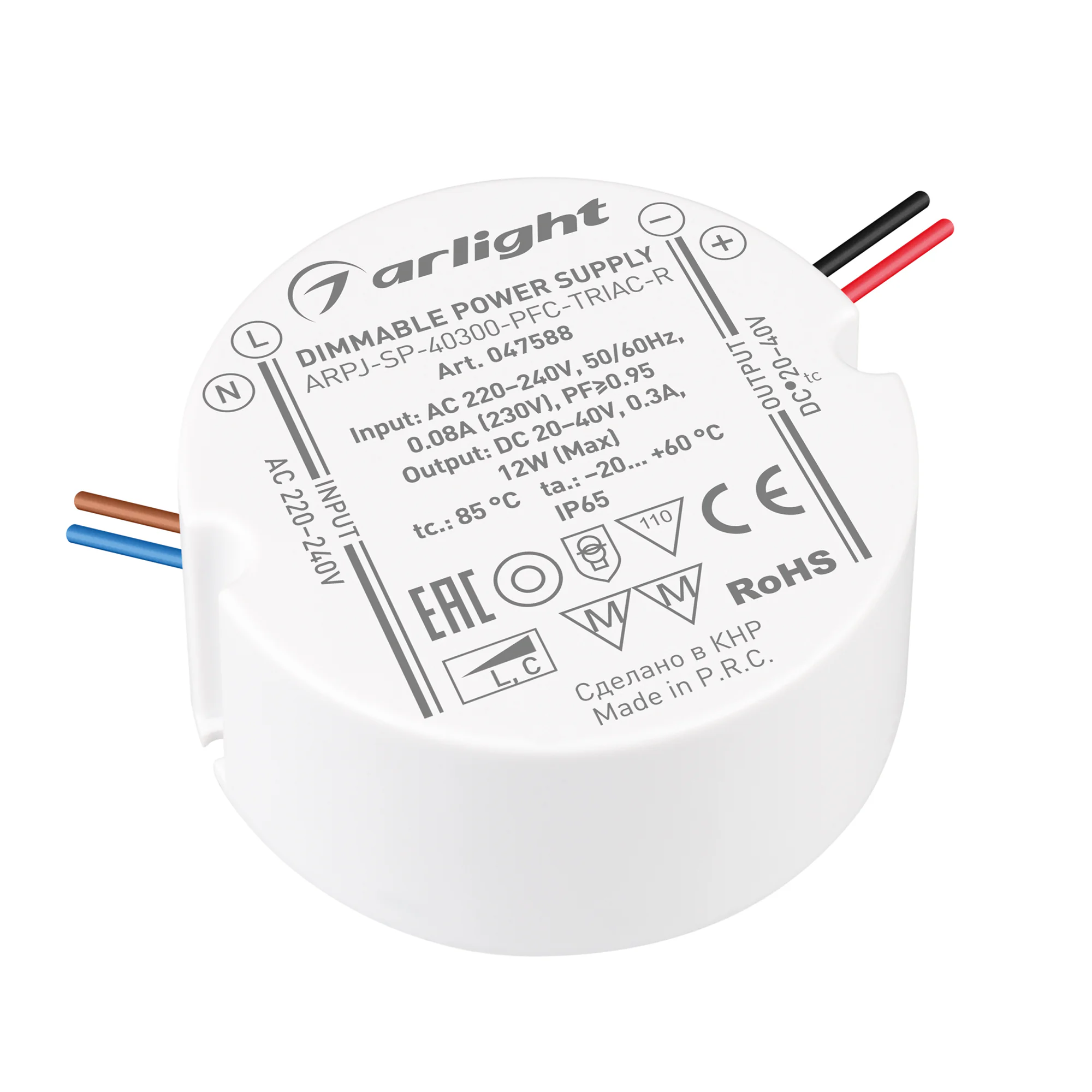 Блок питания ARPJ-SP-40300-PFC-TRIAC-R (12W, 20-40V, 300mA) 047588 - Диммируемый источник тока по стандарту TRIAC с гальванической развязкой для светильников и мощных светодиодов. Входное напряжение 220-240 VAC. Выходные параметры: 20-40 В, 300 mА, 12 Вт.