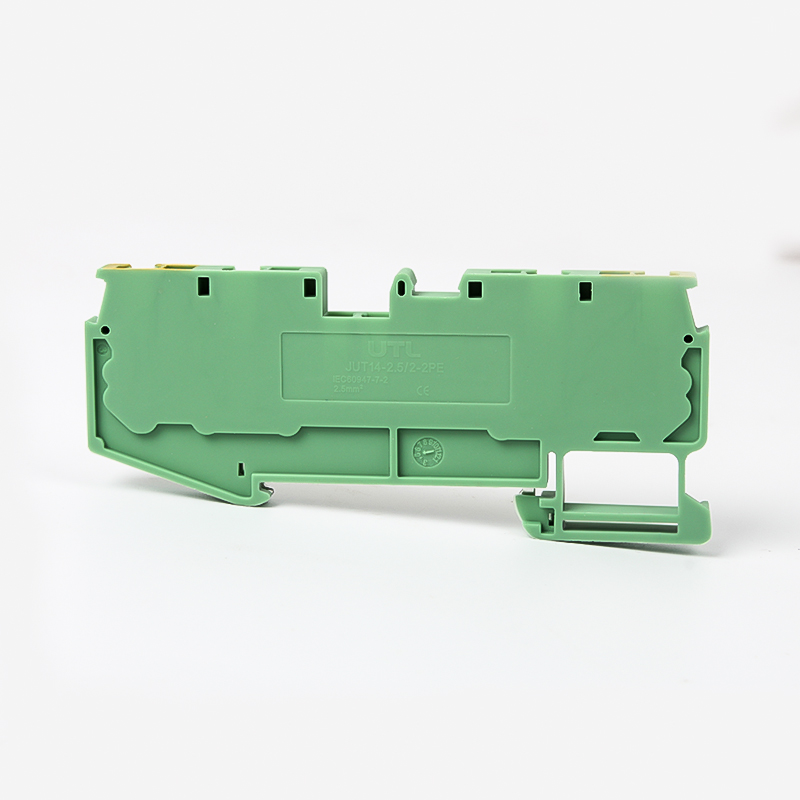 Заземляющая клемма JUT14-2.5/2-2PE - Заземляющая клемма, 4 точки подключения, тип фиксации провода: пружинный, номинальное сечение: 2,5 мм кв., 800V, ширина: 5,2 мм, цвет: желто-зеленый, тип монтажа: DIN35