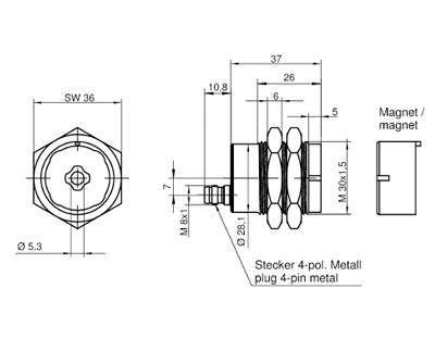 Авт.магн.выкл.SMA 0329 MAGNET SWITCH SET - Магнитный переключатель + магнит, круглая форма, габариты: M30x32 мм, контакт NO/NO, разъем M8, степень защиты: IP67, серия SAFETY