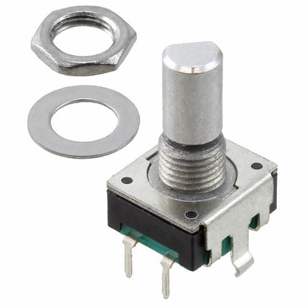 PEC11R-4115F-S0018 - Энкодер PEC11, 18 щелчков, 18 импульсов, металлический вал с лыской 15мм, с кнопкой, горизонтальные выводы, крепление на гайку 7мм
