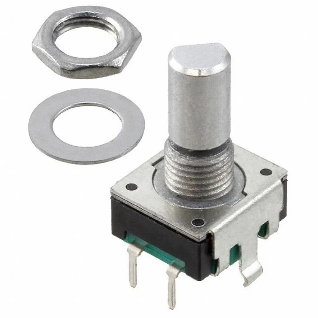 PEC11R-4115F-S0018 - Энкодер PEC11, 18 щелчков, 18 импульсов, металлический вал с лыской 15мм, с кнопкой, горизонтальные выводы, крепление на гайку 7мм