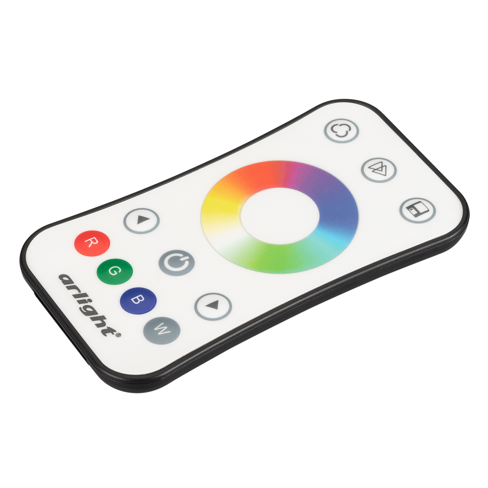 Пульт SMART-R14-RGBW (1 зона, 2.4G) 022671 - Кнопочный радиопульт с сенсорным кольцом 2.4 ГГц белого цвета для управления RGB/RGBW источником света. 1 зона управления, выбор цвета с помощью сенсорного кольца. Питание 3VDC (CR2032). Габариты 107x58.5x9 мм.