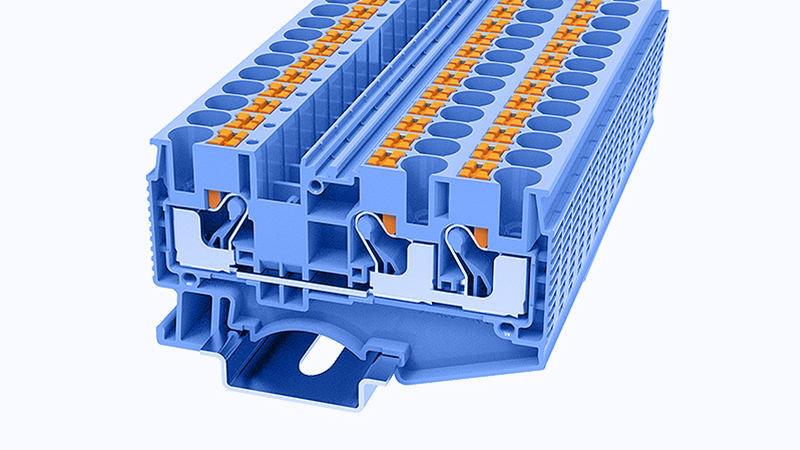 Проходная клемма DS6-TW-01P-12 - Проходная клемма, 3 точки подключения, тип фиксации провода: Push-in, номинальное сечение: 6 мм кв., 41A, 1000V, ширина: 8,2 мм, цвет: синий, втычная перемычка, тип монтажа: DIN35