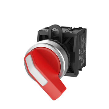 Селекторный переключатель (красный) TS2020-1BE10 - Переключатель, длинная ручка, 3-х позиционный, пружинный самовозврат из правого положения, без подсветки, алюминиевое переднее кольцо, без контактной группы, диаметр головки кнопки 29,5 мм, диаметр посадо