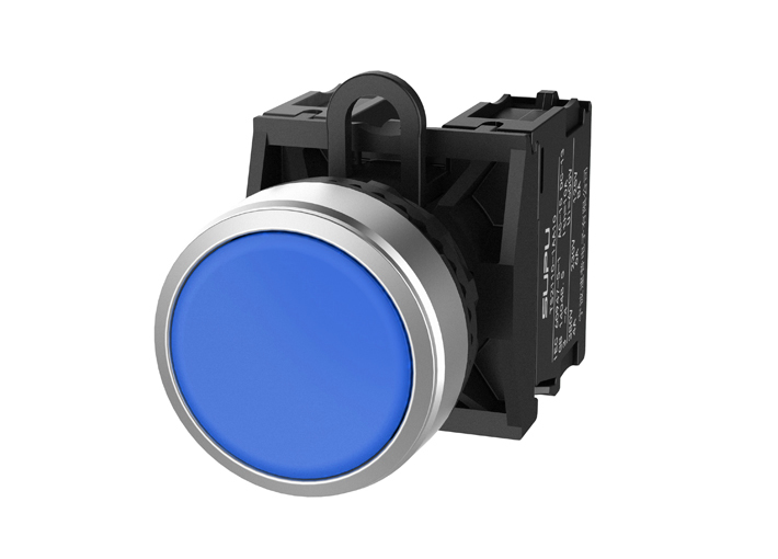 Кнопка плоская (синяя) TS2020-0AL40 - Кнопка круглая плоская, с блокировкой, без подсветки, алюминиевое переднее кольцо, без контактной группы, диаметр головки кнопки 29,5 мм, диаметр посадочного отверстия: 22 мм, цвет: синий