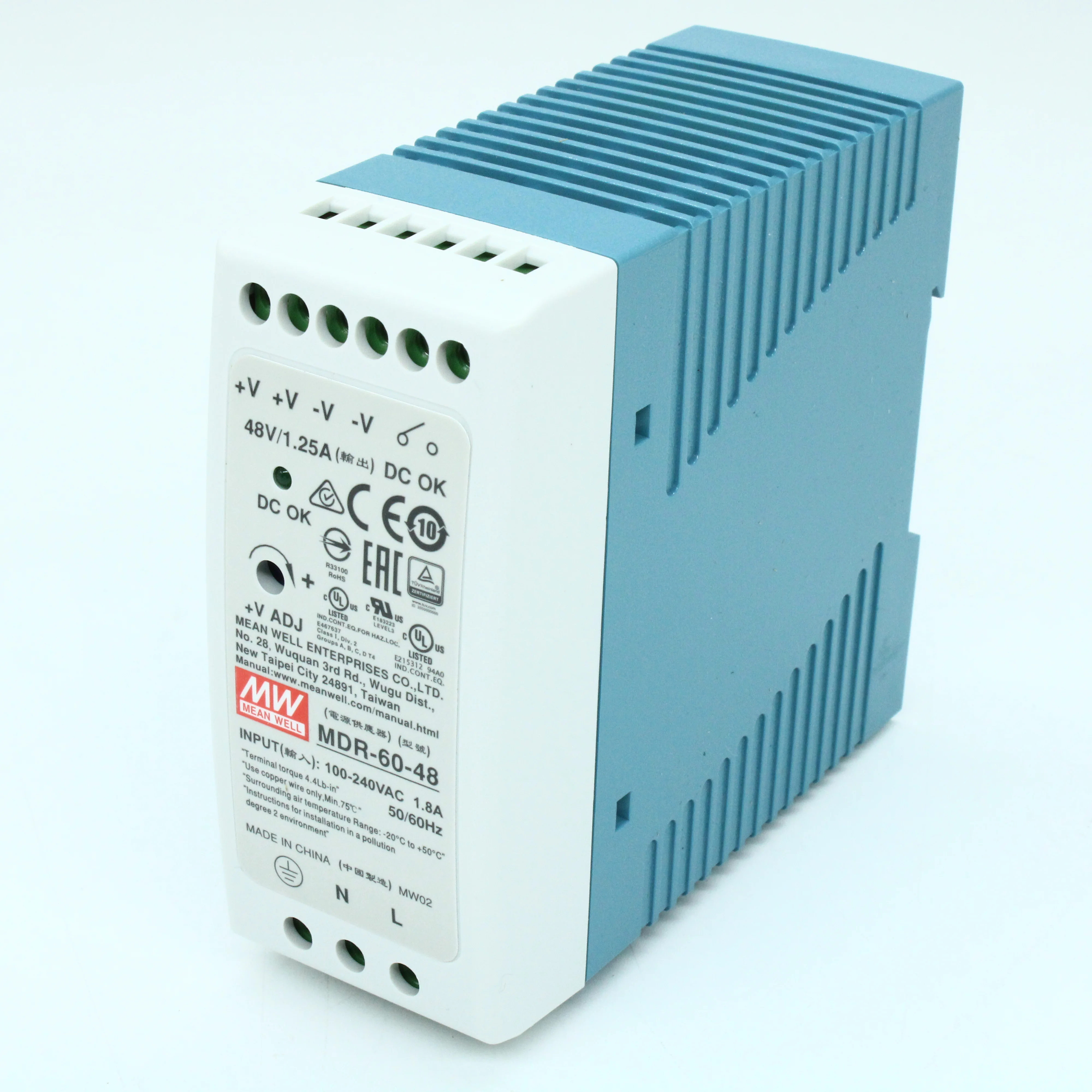 MDR-60-48 - Преобразователь AC-DC на DIN-рейку  60Вт, выход 48В/0…1,25A, рег. вых 48…56В, вход 85…264V AC, 47…63Гц /120…370В DC, изоляция 3000В AC, в кожухе  40х90х100мм, -20…+70°С