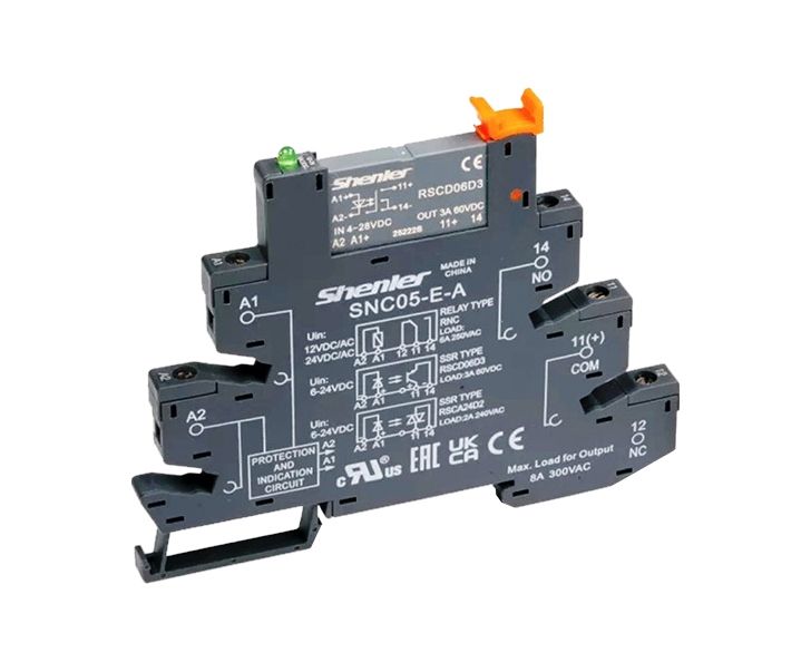 Реле с колодкой RSCD06D3+SNC05-E-A - Реле интерфейсное полупроводниковое RSCD06D3 с колодкой SNC05-E-A, винтовая фиксация провода, 1CO, 3A(60VDC), 12-24VDC, светодиод, ширина 6,2 мм