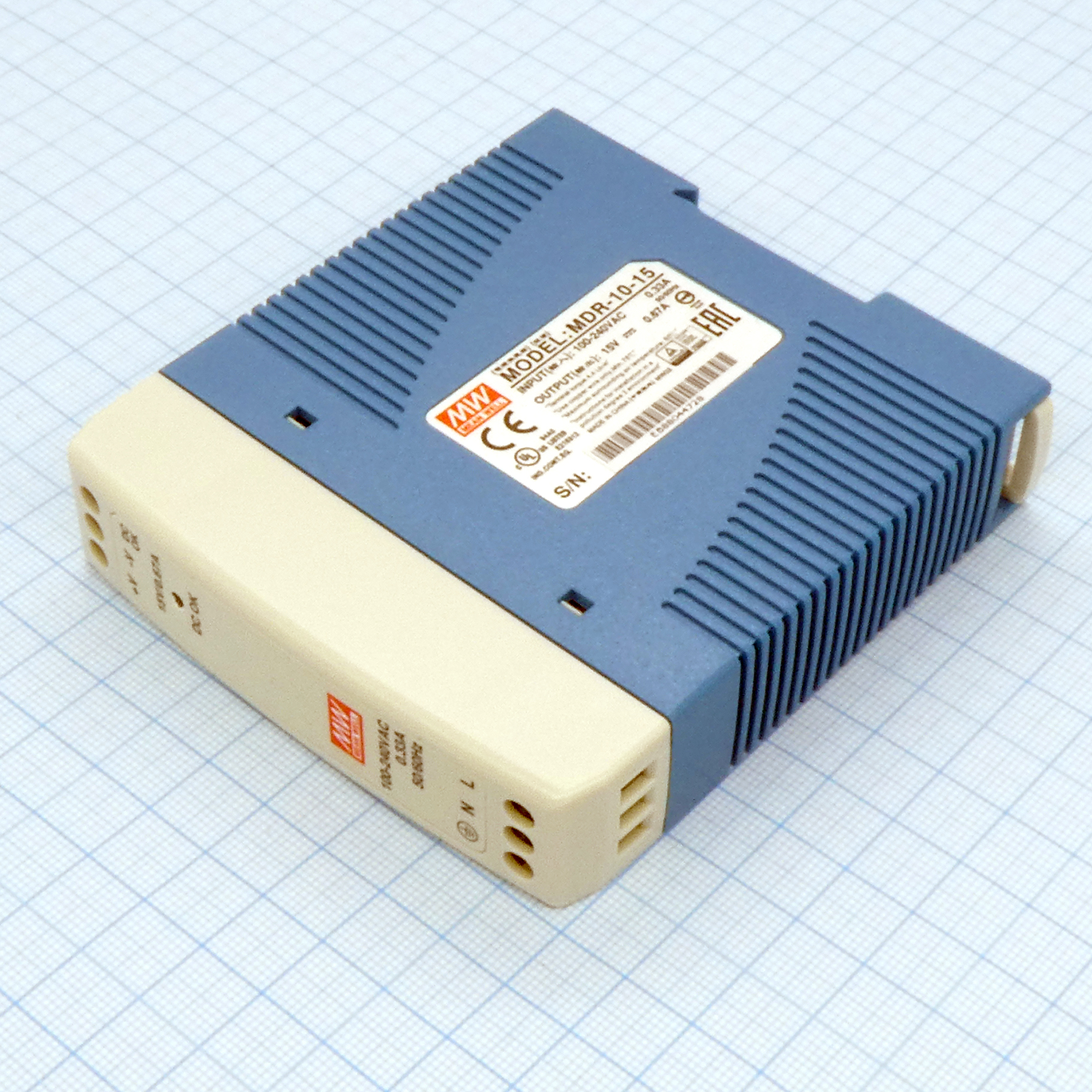 MDR-10-15 - Преобразователь AC-DC на DIN-рейку  10Вт, выход 15В/0,67A, вход 85…264V AC, 47…63Гц /120…370В DC, изоляция 3000В AC, в кожухе  22,5х90х100мм, -20…+70°С