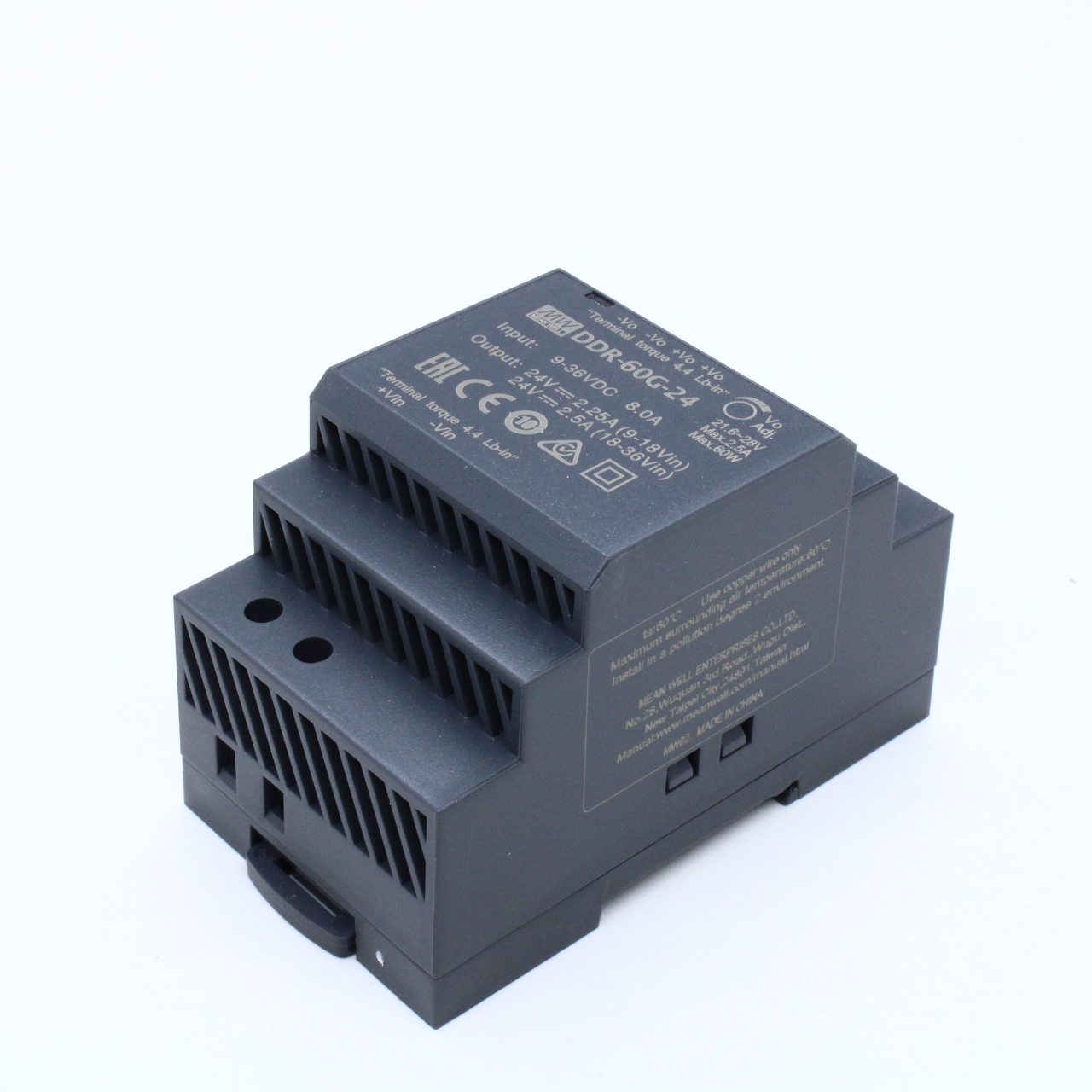 DDR-60G-24 - DC-DC, 60Вт, вход 9…36 В DC, выход 24В/2.5А, изоляция 4000В DC, в кожухе на DIN-рейку, 52.5х90х54.5мм, -40...+85°С