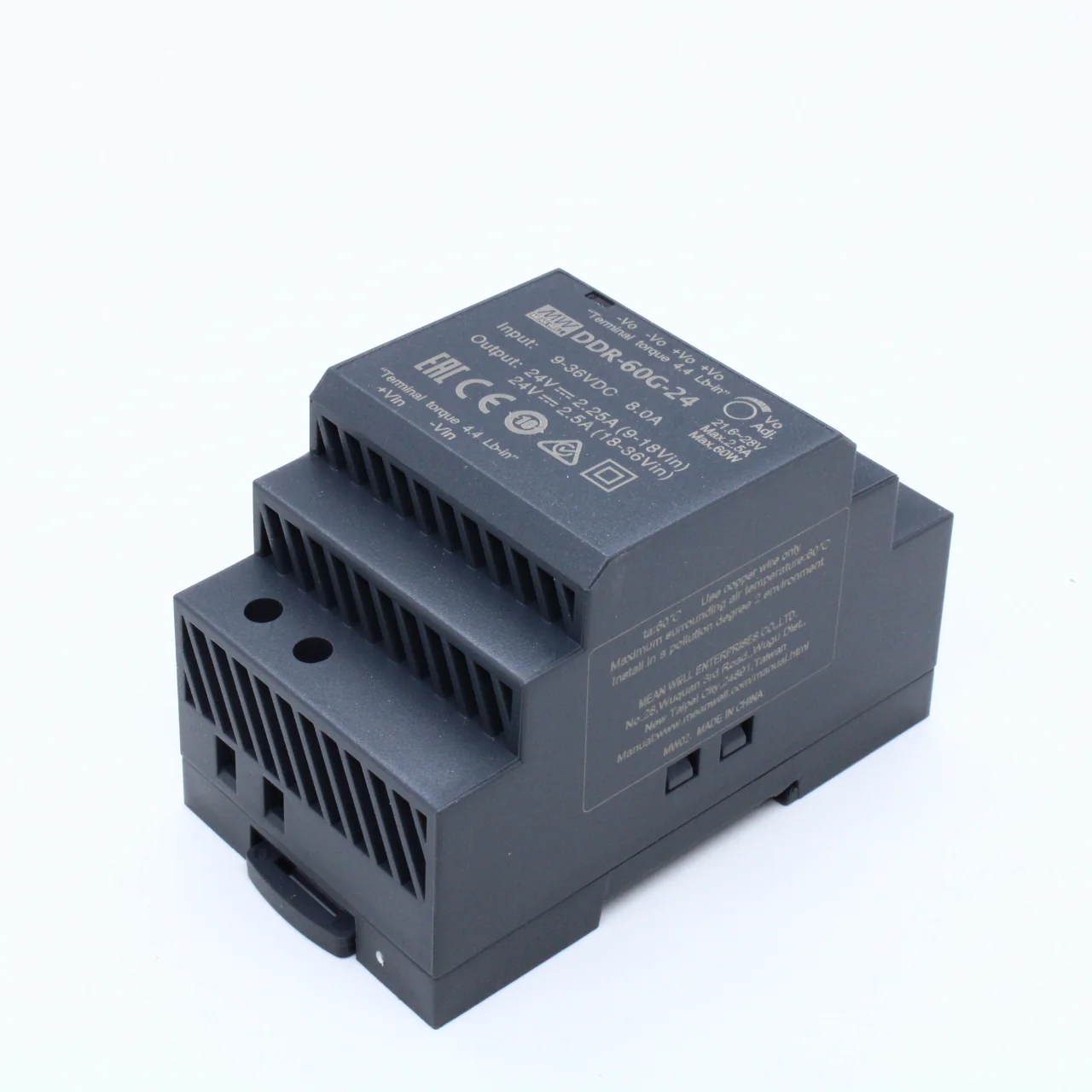 DDR-60G-24 - DC-DC, 60Вт, вход 9…36 В DC, выход 24В/2.5А, изоляция 4000В DC, в кожухе на DIN-рейку, 52.5х90х54.5мм, -40...+85°С