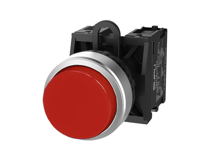 Кнопка выпуклая (красная) TS2520-0BM10-S20 - Кнопка круглая выпуклая, без блокировки, без подсветки, алюминиевое переднее кольцо, с мгновенным нажатием, с контактной группой 2NO, диаметр головки кнопки 29,5 мм, диаметр посадочного отверстия: 22 мм, цвет: 