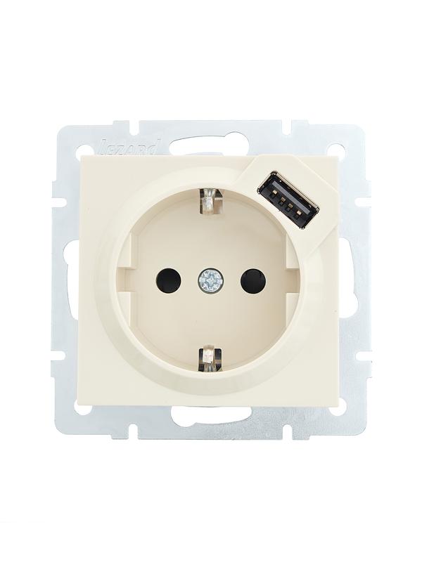 Розетка 1-м СП Vesna с заземл. с заряд. устройством USB механизм крем. 742-0388-181