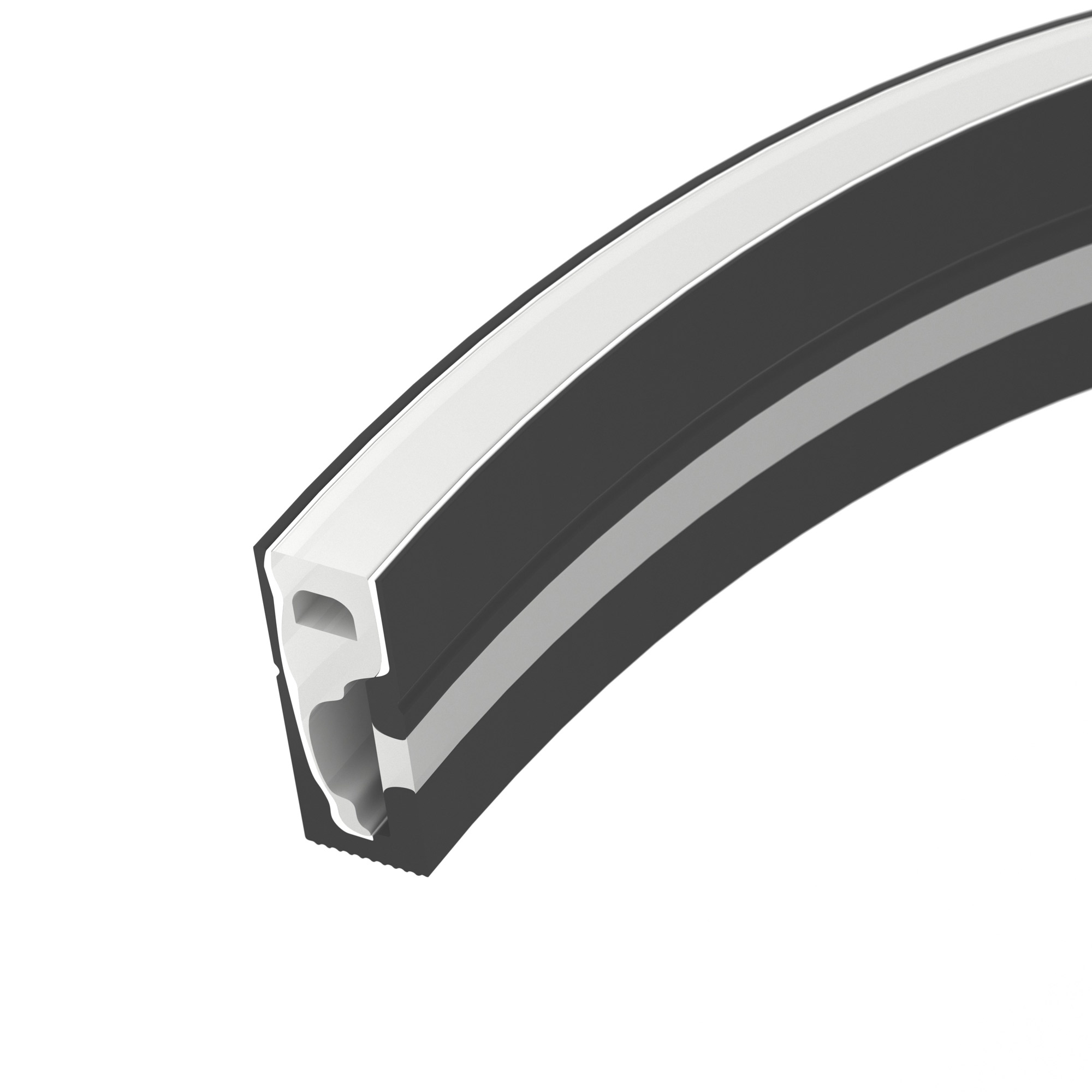 Силиконовый профиль WPH-FLEX-0616-SIDE-S9-5m BLACK 045788 - Цельнолитой силиконовый гибкий профиль, верхняя часть - белая матовая, остальные стороны - черные матовые. Габаритные размеры 5000х6х16 мм. Горизонтальный изгиб SIDE, минимальный радиус изгиба 30