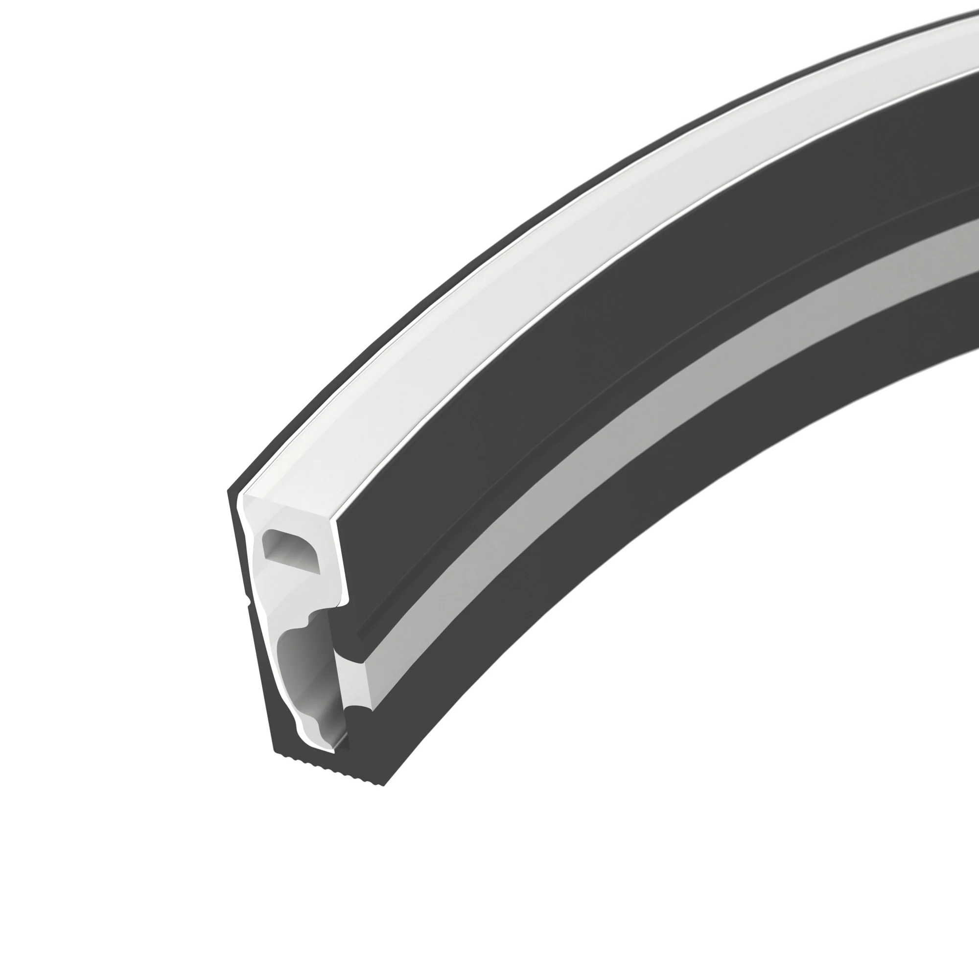 Силиконовый профиль WPH-FLEX-0616-SIDE-S9-5m BLACK 045788 - Цельнолитой силиконовый гибкий профиль, верхняя часть - белая матовая, остальные стороны - черные матовые. Габаритные размеры 5000х6х16 мм. Горизонтальный изгиб SIDE, минимальный радиус изгиба 30