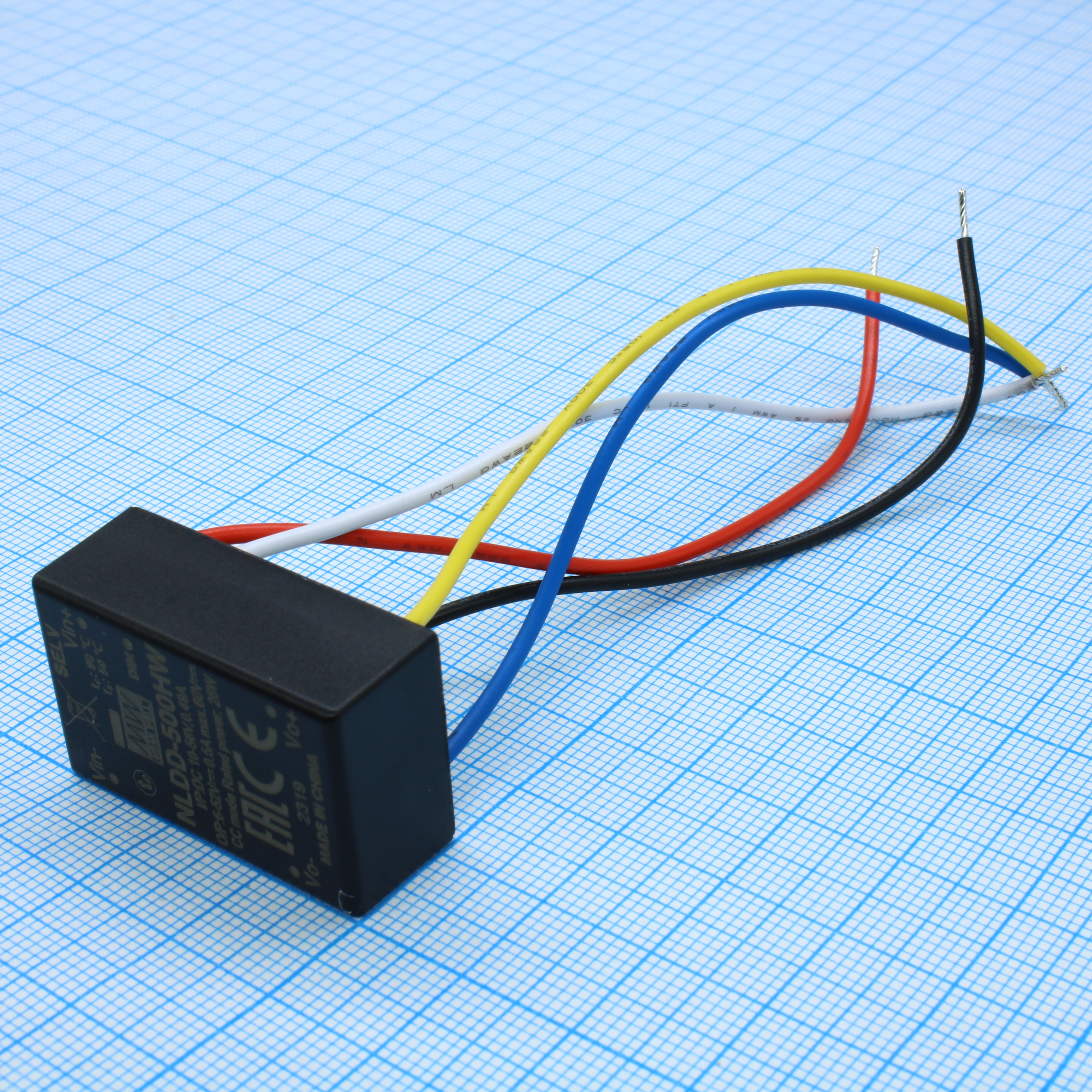 NLDD-500HW - DC/DC LED понижающий, вход 10…56В, выход 6…52В/0.5А, КПД до 96%, вход On/Off/DIMM, 32.1x20.5x12.5мм, проводные выводы, -40…50°C, пластик