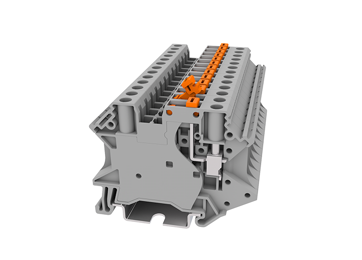 Клемма с размыкат. TU4-MT-GY - Клемма с ножевым размыкателем, тип фиксации провода: винтовой, номинальное сечение: 4 мм кв., 20A, 500V, ширина: 6,2 мм, цвет: серый, тип монтажа: DIN 35