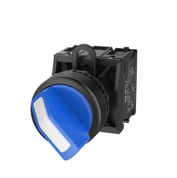 Селекторный переключатель (синий) TS2011-1AF40 - Переключатель, короткая ручка, 3-х позиционный, без самовозврата, с подсветкой, пластиковое переднее кольцо, без контактной группы, диаметр головки кнопки 29,5 мм, диаметр посадочного отверстия: 22 мм, цвет