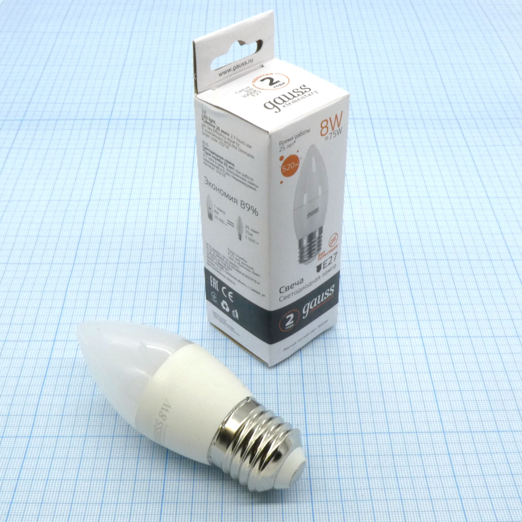 Лампа LED Gauss 8W тепл свеча (258) - E27,3000K,100*37,520Lm