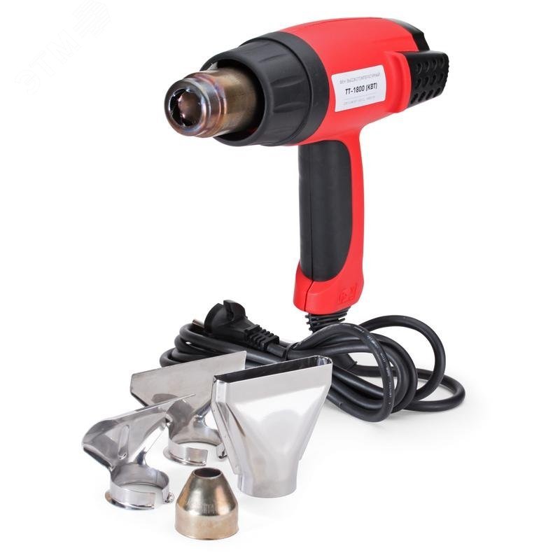 ТТ-1800 серия Мастер - Фен технический с комплектом из 4 насадок (редукционная, рефлекторная, широкая щелевая, стеклозащитная), фен имеет три режима нагрева спирали: 50, 380 и 580 °C, мак. мощность 1800Вт