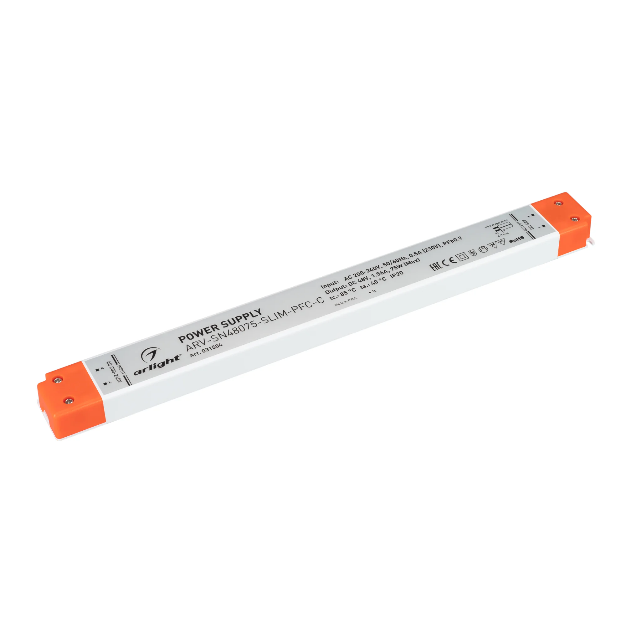 Блок питания ARV-SN48075-SLIM-PFC-C (48V, 1.56A, 75W) 031504 - Источник напряжения с гальванической развязкой для светодиодных изделий. Входное напряжение 220-240 VAC. Выходные параметры: 48 В, 1.56 А, 75 Вт. Встроенный PFC >0,9. Негерметичный пластиковый