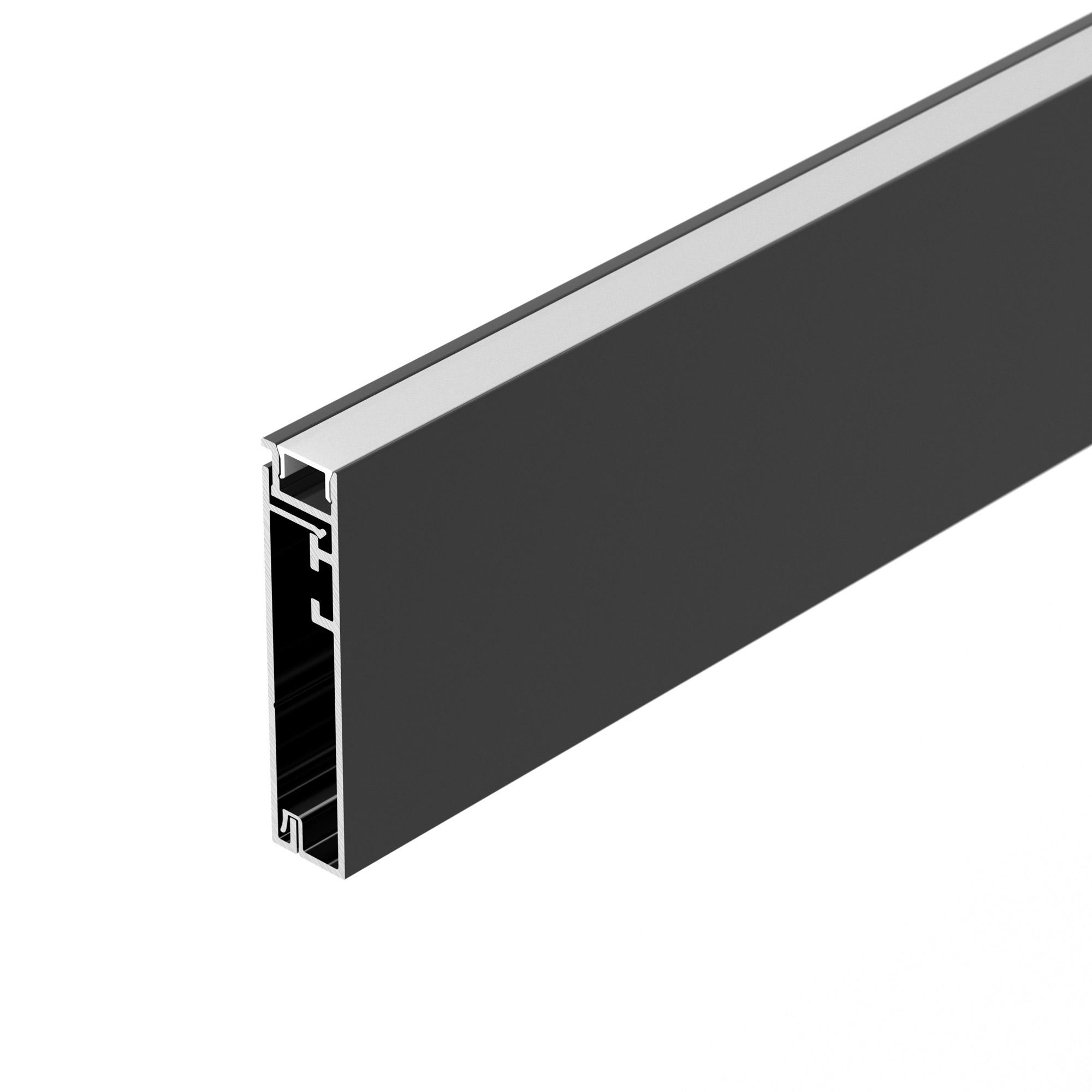Профиль PLINTUS-H55-2000 BLACK 045442 - Алюминиевый накладной двухкомпонентный профиль-плинтус для светодиодных лент и линеек. Цвет - черный RAL9005 (порошковая окраска). Габаритные размеры (L?W?H): 2000x12,20x55,50 мм. Ширина площадки для ленты 8 мм. Акс