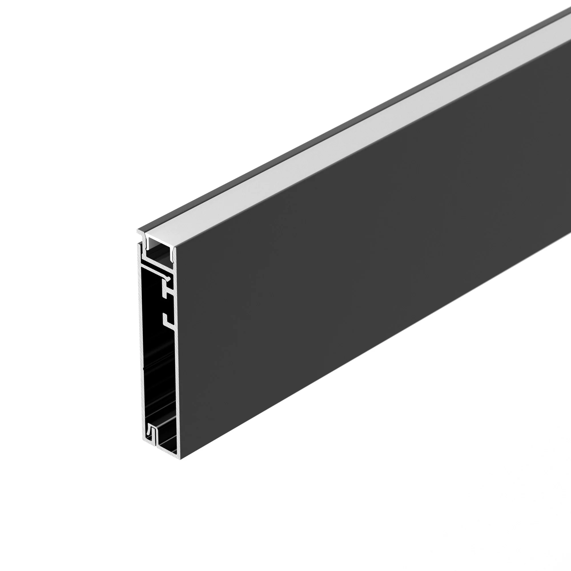 Профиль PLINTUS-H55-2000 BLACK 045442 - Алюминиевый накладной двухкомпонентный профиль-плинтус для светодиодных лент и линеек. Цвет - черный RAL9005 (порошковая окраска). Габаритные размеры (L?W?H): 2000x12,20x55,50 мм. Ширина площадки для ленты 8 мм. Акс