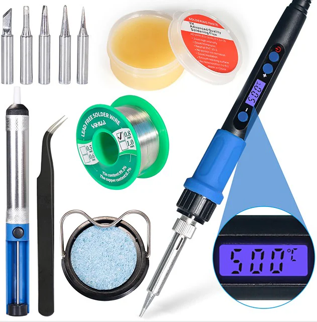 YIHUA 928D-I TOOL KIT 2 - Набор 2, в комплекте паяльник с регулировкой температуры, сменные жала 900M-T-I,B,K,3C,2.4D, бессвинцовый припой 1.0mm 50g, паяльный флюс 150g, пинцет, оловоотсос, подставка для паяльника