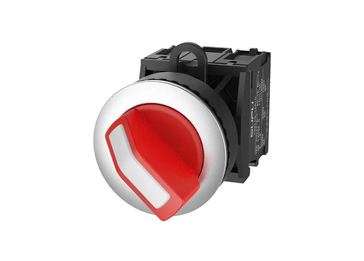 Селекторный переключатель (красный) TS2527-1CF10-R20 - Переключатель, короткая ручка, 3-х позиционный, без самовозврата, LED AC 220V, утопленное алюминиевое переднее кольцо, с плавным нажатием, с контактной группой 2NO, диаметр головки кнопки 36 мм, диаме