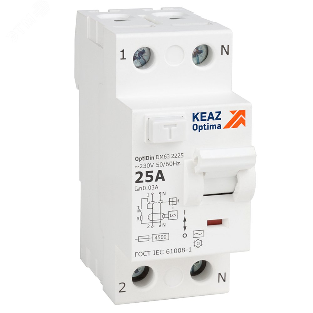 Выключатель дифференциального тока (УЗО) без защиты от сверхтоков 2П 25А 10мА AС 4,5кА OptiDin DM63-2125-AC-4,5-УХЛ4 343882