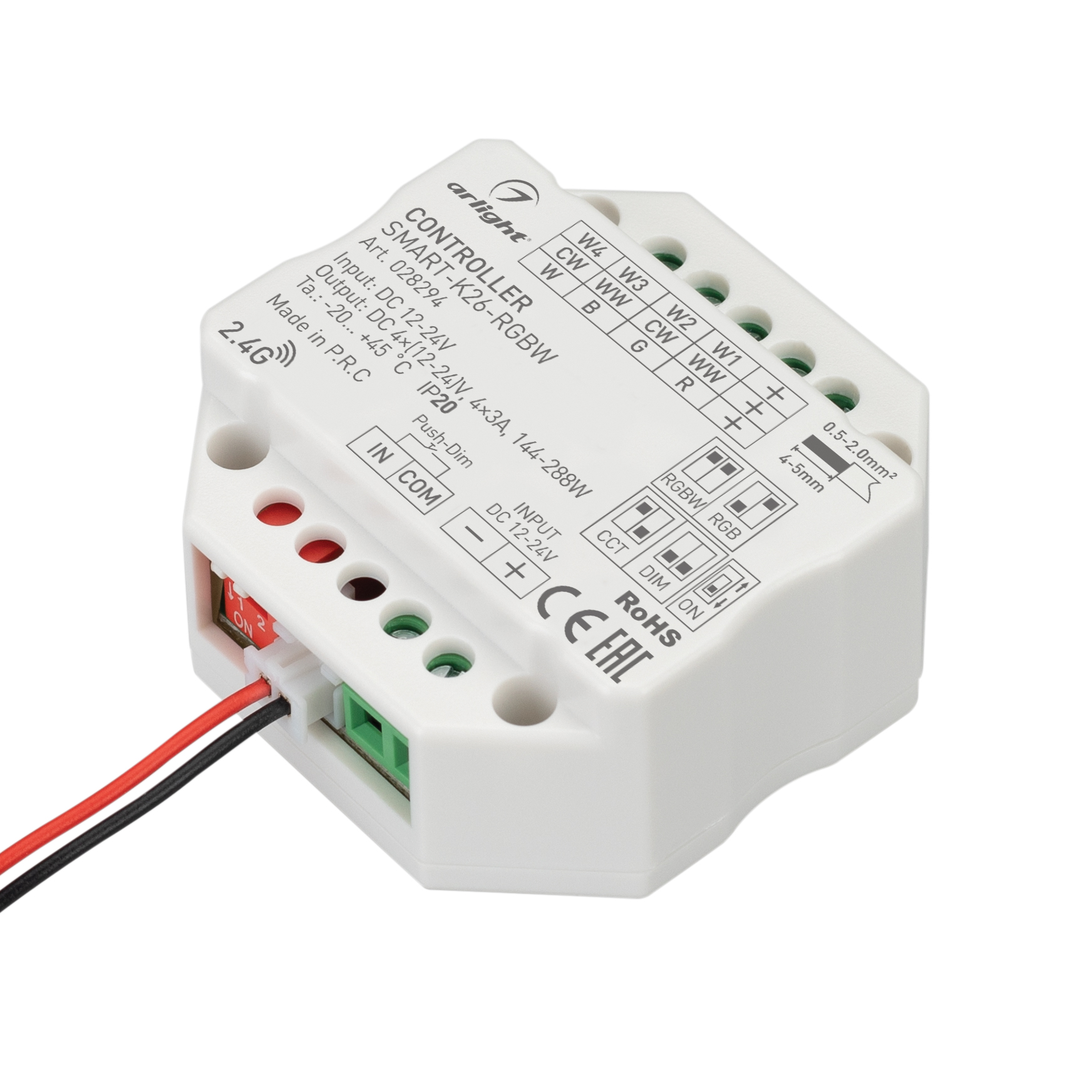 Контроллер SMART-K26-RGBW (12-24V, 4x3A, 2.4G) 028294 - Контроллер для RGBW светодиодной ленты (ШИМ) с функцией Push-Dim. Питание/рабочее напряжение 12-24VDC, максимальный ток 3A на канал, 4 канала. Максимальная мощность 144-288W. Винтовые клеммы, корпус 
