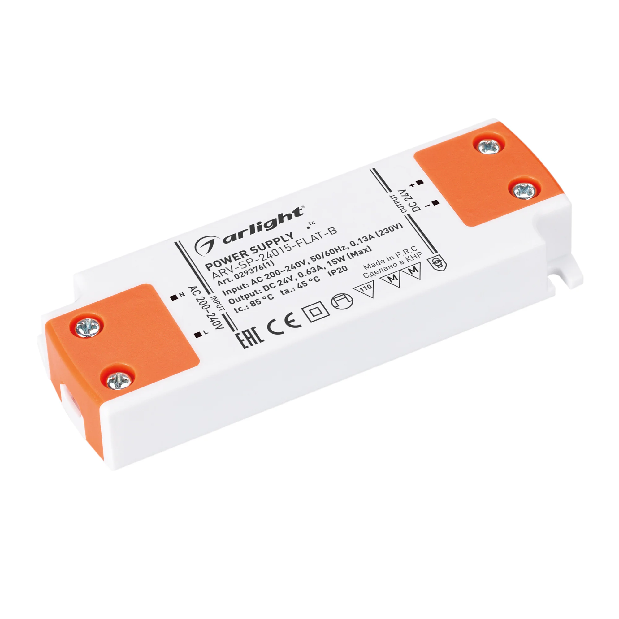 Блок питания ARV-SP-24015-FLAT-B (24V, 0.63A, 15W) 029376(1) - Источник напряжения с гальванической развязкой для светодиодных изделий. Входное напряжение 200-240 VAC. Выходные параметры: 24 В, 0.63 А, 15 Вт. Встроенный PFC >0.8. Негерметичный пластиковый