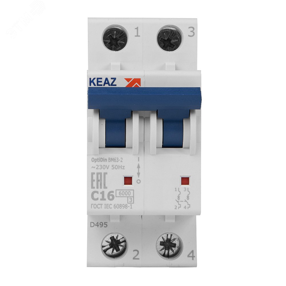 Выключатель автоматический модульный 2п C 16А 6кА OptiDin BM63-2C16-УХЛ3 КЭАЗ 260599