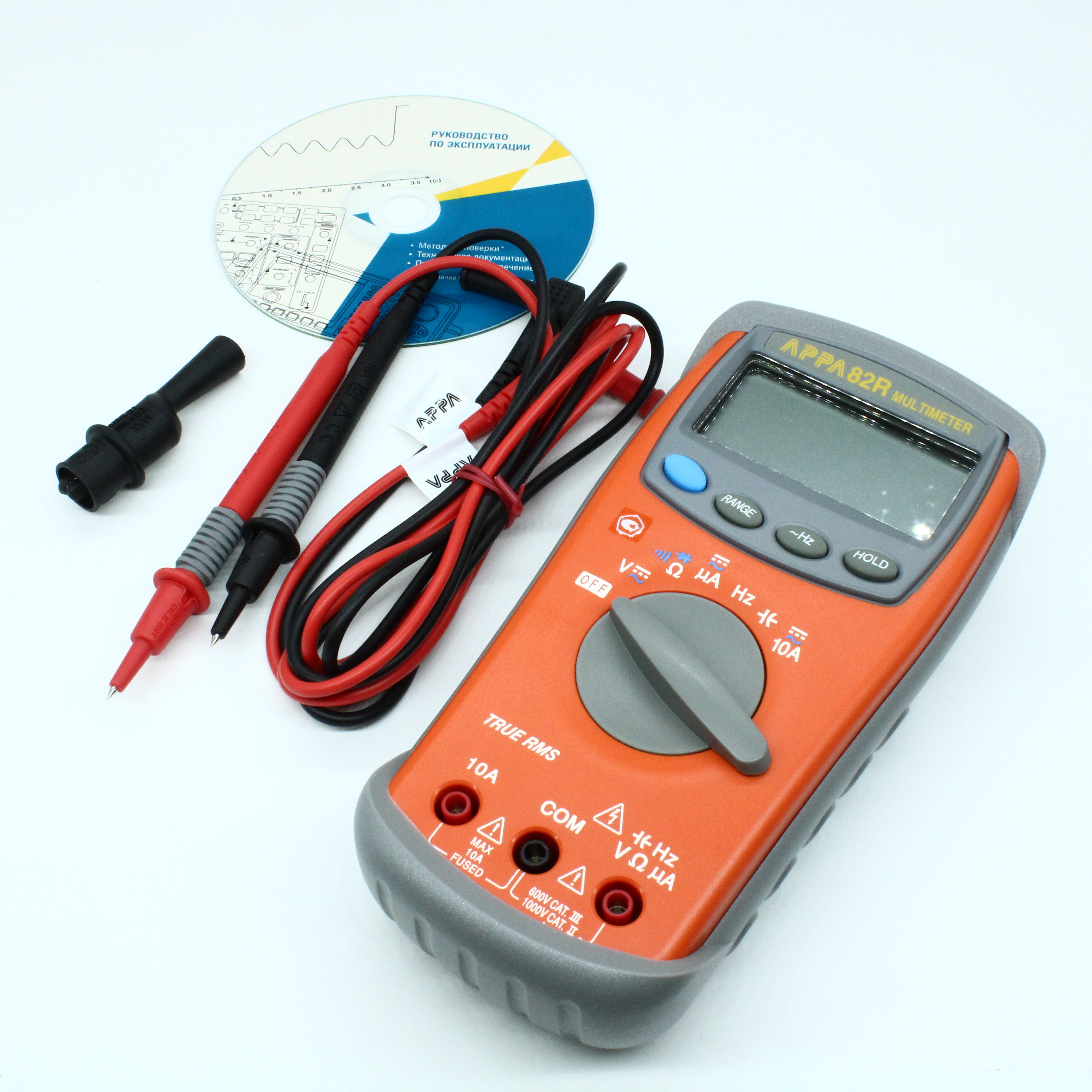APPA 82R - Мультиметр, U пост.0,1 мВ-1000 В, U пер.0,1 мВ-750 В (40 Гц-500 Гц), I пост./пер.0,1 мкА-10 А (40 Гц-500 Гц), сопр.0,1 Ом-40 МОм, F 1 Гц-40 МГц, С-1 пФ...40 мФ, прозвон, испытание p-n, базовая погрешность 0,5 %