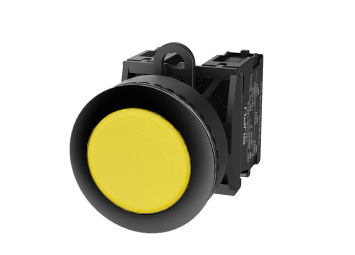 Кнопка плоская (желтая) TS2030-0AL30 - Кнопка круглая плоская, с блокировкой, без подсветки, утопленное пластиковое переднее кольцо, без контактной группы, диаметр головки кнопки 36 мм, диаметр посадочного отверстия: 22 мм, цвет: желтый