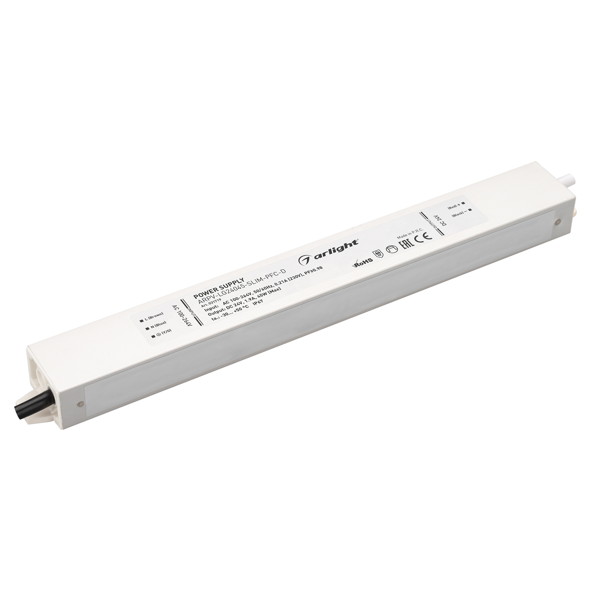 Блок питания ARPV-LG24045-SLIM-PFC-D (24V, 1.9A, 45W) 031719 - Источник напряжения с гальванической развязкой для светодиодных изделий. Входное напряжение 200-240 VAC. Выходные параметры: 24 В, 1.9 А, 45 Вт. Встроенный PFC >0.98. Герметичный алюминиевый к