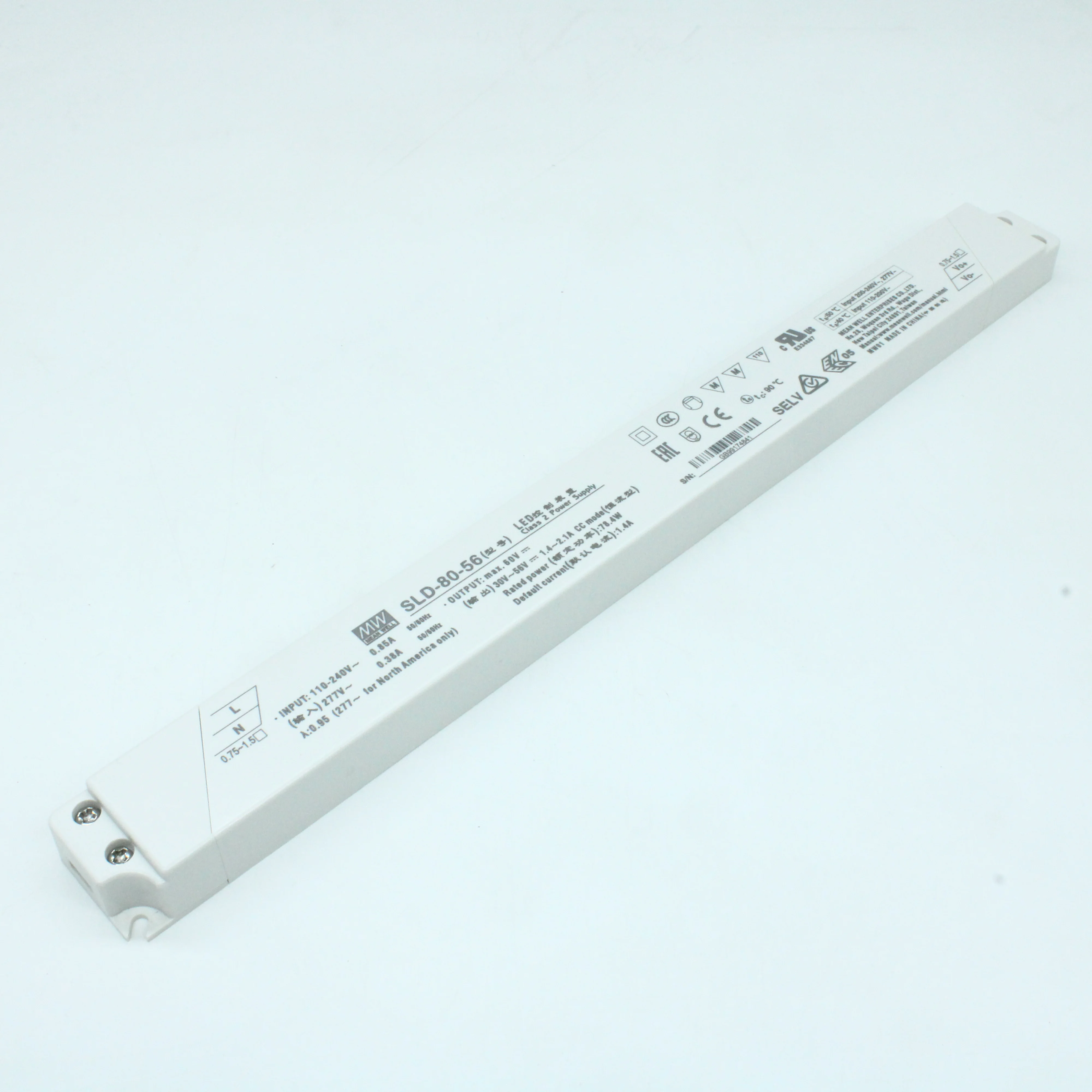 SLD-80-56 - AC-DC, 78.4Вт, вход 110…305В AC, 47…63Гц/155…431В DC, ККМ, выход в режиме пост. мощности 30…56В/1.4…2.1А, изоляция 3750В AC, в кожухе 320х30х16.8, -20…+90°С (корпус)